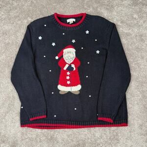 Vtg Santa Claus Sweater Black Size L Holiday Christmas Grandma Christopher Banks
